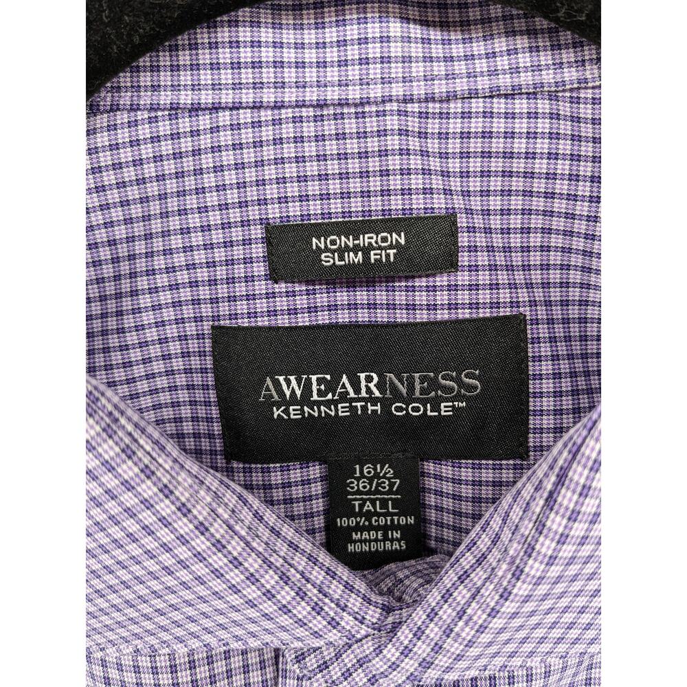 Kenneth Cole Awearness Check Dress Shirt Purple Mens Slim Fit 16 1/2 36/37 Tall - Picture 3 of 9